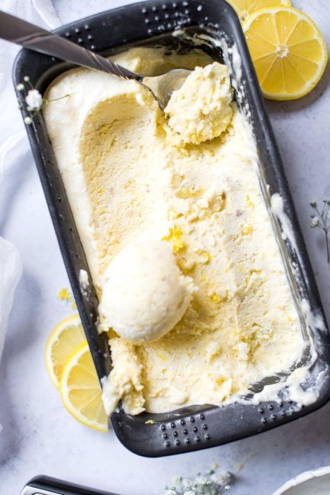 Lemon Ice Cream from Kroll's Korner is made with wholesome ingredients, sweetened with bananas, is lemony and refreshing! Gluten free and vegetarian with dairy-free options. #lemonicecream #nochurn #easyicecream Lemon Blueberry Cheesecake Cookies, Lemon Ice Cream Recipe, Ice Cream No Churn, Lemon Blueberry Cheesecake, Keto Chicken Recipes, Gluten Free Ice Cream, Banana Nice Cream, Lemon Ice Cream, Lemon Ice