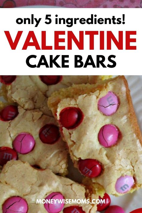 Such an easy recipe! Just 5 ingredients--one is water!--make these delicious Valentine M&M Cake Bars. Simple dessert to celebrate Valentine's Day. #barcookierecipes #valentinerecipes #desserts #valentinesday #moneywisemoms Winter Party Foods, Cake Mix Cookie, Cake Bars Recipe, Cake Mix Cookie Bars, Peppermint Recipes, Cookie Exchange Recipes, Valentine Cookie, Types Of Desserts, Simple Dessert