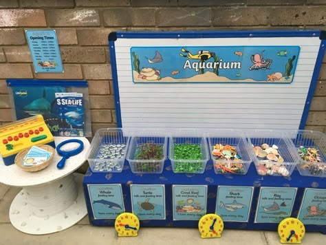 Ocean Role Play Area, Discovery Centre Preschool, Aquarium Role Play Eyfs, Aquarium Activities, Under The Sea Eyfs, Eyfs Role Play, Dramatic Play Centers Preschool, Role Play Ideas, Ocean Sensory