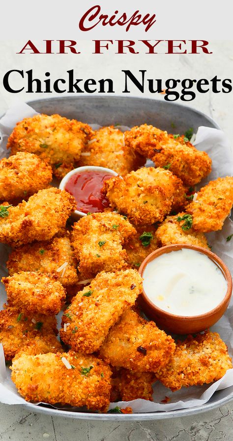 These Crispy Air Fryer Chicken Nuggets are perfectly seasoned and deliciously tender | best air fryer chicken nuggets | panko air fryer chicken nuggets | air fryer chicken nuggets recipe | air fryer chicken nuggets healthy recipe Chicken Nuggets Recipe Air Fryer, Chicken Nuggets Air Fryer, Nuggets Air Fryer, Air Fried Chicken Nuggets, Best Air Fryer Chicken, Air Fryer Chicken Nuggets, Keto Asparagus, Crispy Air Fryer Chicken, Healthy Chicken Nuggets