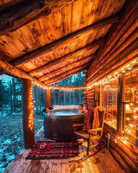 Great Idea,  Cabin Porch  Hot Tub,  Decorated with String Lights!  #deck #cabin #private #string #lights,#porch, Log Cabin Homes Interior, Cabin Homes Interior, Outdoor Hot Tub, Homes Interior, Cabin Living, Log Cabin Homes, Cabins And Cottages, Cabin Life, The Porch