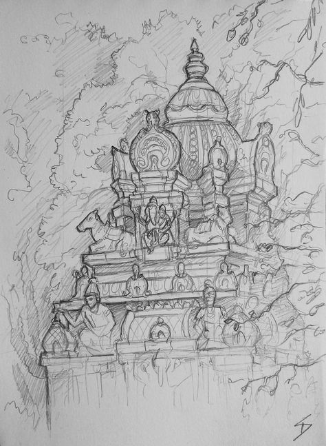 Urban art – Bull Temple Road, Basavanagudi, Bengaluru, Karnataka, India. ‘Dodda Ganesha Temple.' South Indian Temple Sketch, Temple Sketches Indian, Temple Sketch, Ganesha Temple, Hindu Architecture, Hindu Vedas, Temple Drawing, Ancient Indian Art, Indian Temple Architecture