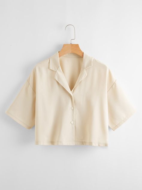 Half Shirts Crop Tops Women, Lapel Collar Shirt, Half Sleeve Shirt Women, Satin Blouse Outfit, Cropped Button Up Shirt, Cropped Button Down, Beige Shirt, Blouse Plus Size, Women Tie