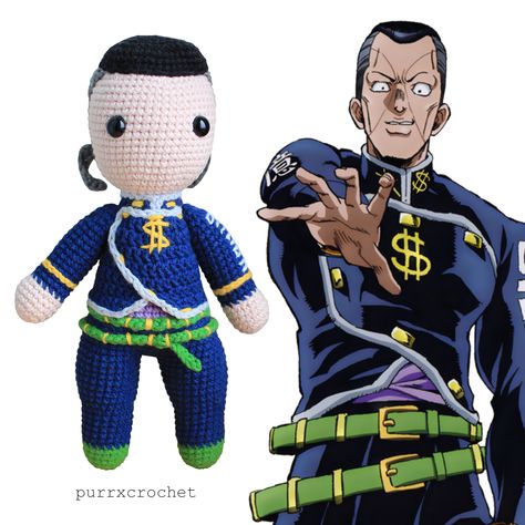 The 23 cm | 9-inches doll was custom-made. Feel free to contact me if you want to place a custom order Crochet Jojo Bizarre, Jjba Crochet, Okuyasu Nijimura, Clothes Pin Crafts, Jojo Bizzare Adventure, Jojo Bizarre, Jojo's Bizarre Adventure, Crochet Ideas, Clothes Pins