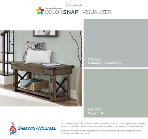 I found these colors with ColorSnap® Visualizer for iPhone by Sherwin-Williams: Colonial Revival Gray (SW 2832), Silvermist (SW 7621). Colonial Revival Gray Sherwin Williams, Sherwin Williams Silvermist, Gray Sherwin Williams, Guess Room, Color Visualizer, Sherwin Williams Gray, Neutral Paint Color, Sherwin Williams Colors, Colonial Revival