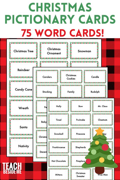 Free Printable Christmas Pictionary Game Cards Christmas Pictionary Words List, Christmas Pictionary Game Free Printable, Pictionary Word List, Stem Challenge Cards, Pictionary Words, Christmas Pictionary, Fun Holiday Games, Christmas Stem, Fun Christmas Games