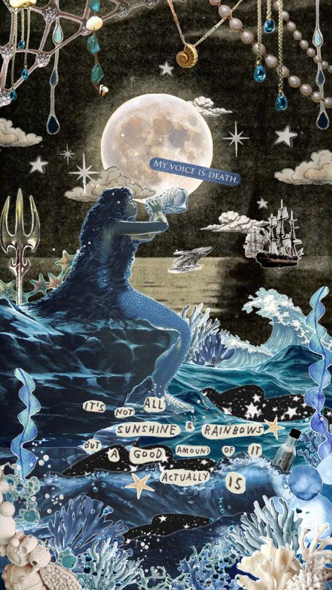 Blue Mermaid Aesthetic, Vintage Moon Art, Mermaid Wallpaper Iphone, Mermaid Collage, Mermaid Moon, Mermaid Wallpapers, Laptop Wallpaper Desktop Wallpapers, Vintage Moon, Desktop Wallpaper Art