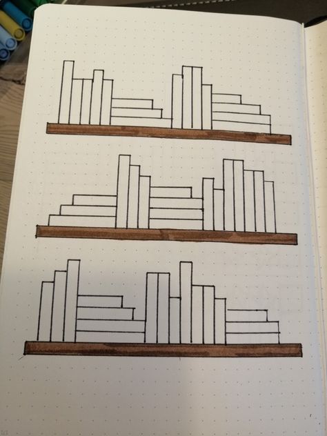 Bookshelf Drawings, Bujo Bookshelf, Drawing Bookshelf, Bookshelf Bullet Journal, Reading Journal Bookshelf, Bookshelf Drawing, Journal Bookshelf, Bed Painting, Bullet Journal Lists