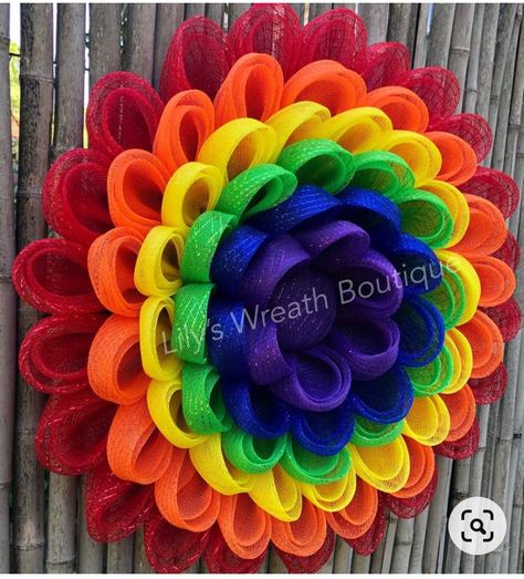 Beautiful rainbow flower wreath found on Etsy & in stock. Rainbow Wreath Diy, Lgbtq Decor, Zinnia Wreath, Pride Wreath, Christmas Planning Printables, Fouth Of July Crafts, Dahlia Wreath, Pride Decor, Door Mesh