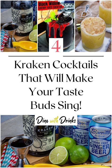 Collage of 4 kraken cocktails. Kraken Drinks Recipes, Kracken Rum Recipes, Kraken Rum Recipes, Steampunk Cocktails, Kraken Cocktails, Kracken Rum, Kraken Mixed Drinks, Kracken Rum Cocktails, Kraken Rum Cocktails