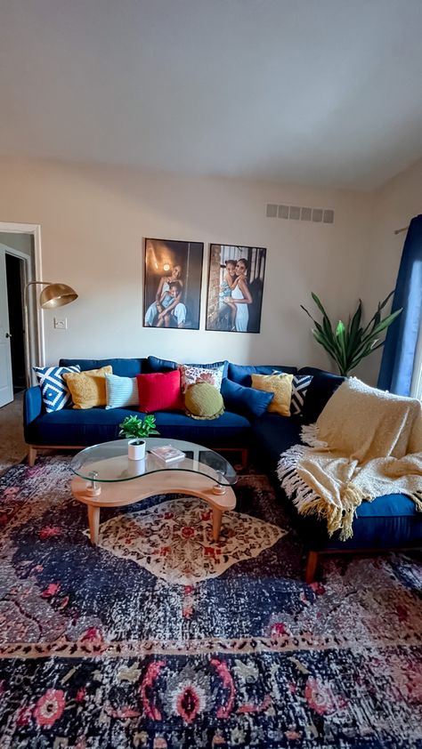 Royal Blue Boho Living Room, Blue Couch Bohemian Living Room, Blue Couch Living Room Ideas Boho, Navy Couch Colorful Living Room, Boho Living Room Jewel Tones, Eclectic Living Room Blue Couch, Blue Couch Living Room Aesthetic, Blue Coach Decor, Velvet Blue Couch Living Room Decor