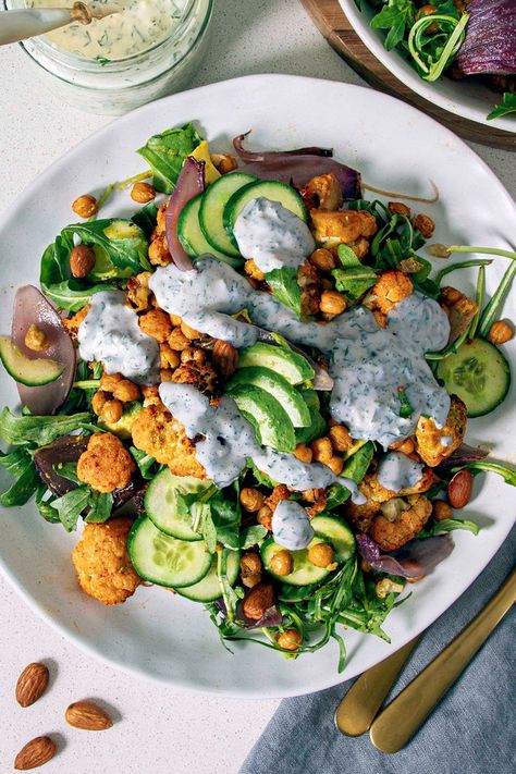 Clean Salads, Healthy Ranch, Healthy Ranch Dressing, Buffalo Cauliflower Recipes, Roasted Cauliflower Salad, Keto Salads, Vegan Ranch, Cauliflower Salad, Lunch Salads