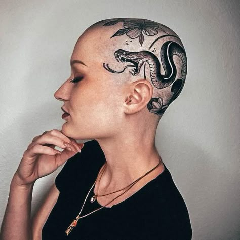 Traditional Woman Head Tattoo, Head And Neck Tattoo, Head Tattoos For Women, Woman Head Tattoo, Head From Above, Neck Tattoos Ideas, Bald Tattoo, Bald Head Tattoo, Head Tattoo Design