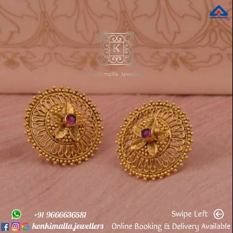 #KJ_G504 Net Weight: up to 6 grams Item : Studds (దిద్దులు) Fb, Insta, Pinterest: @konkimalla.jewellers Traditional Tops, Gold Earrings Indian, Thread Bangles Design, Antique Gold Earrings, Gold Bar Earrings, Thread Bangles, Earrings Indian, Bangles Design, Gold Earrings Designs