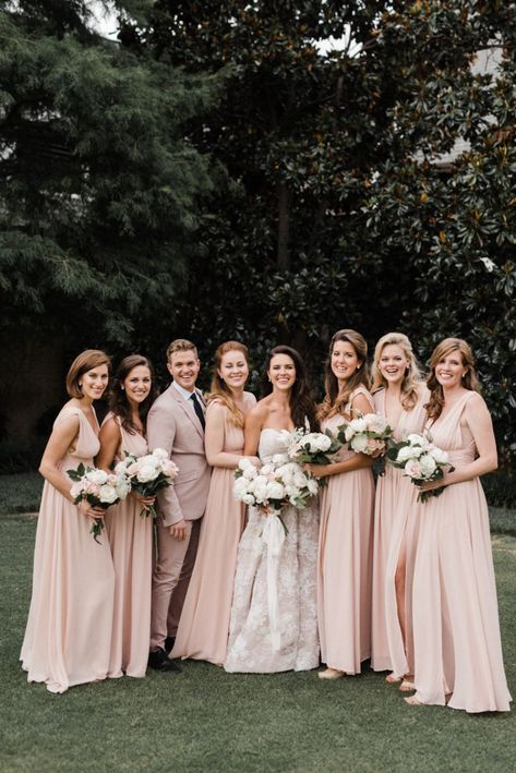 Bridesmaids in Light Pink | Photo: @joshmccullock | Florals: @poppylanedesign | Cake: @amycakes7  | Invitation Suite: @hazelpaperco | #bridesofok #wedding #bridesmaid #bridesmaiddresses #bridesman Mixed Wedding Party, Male Bridesmaid, Mixed Wedding, Light Pink Bridesmaids, Different Bridesmaid Dresses, Light Pink Bridesmaid Dresses, Hunter Wedding, Light Pink Wedding, Embroidered Wedding Dress