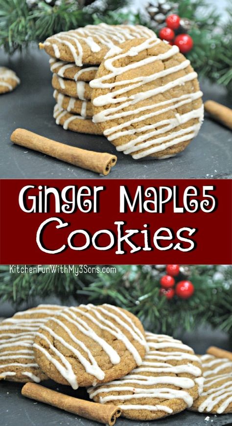 Ginger Maple Cookies are a delicious chewy cookie topped with a simple maple icing that makes your mouth water with joy! #maplecookies #gingerbread #gingercookies #cookierecipe Maple Cookies Recipe, Turtle Cookies Recipe, Winter Snacks, Treats For Santa, Maple Icing, Chewy Ginger Cookies, Cookie Recipes Holiday, Molasses Cookies Recipe, Maple Cookies