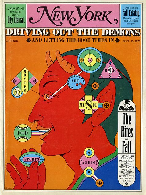 Illustration of a red devil in profile, with colorful signs of the magazine's topics (e.g., movies, sports, fashion) pointing different parts of his head. Title: "Driving Out the Demons." Devil Illustration, Seymour Chwast, Red Devil, Magazine Illustration, New York Magazine, Sports Fashion, Environmental Graphics, Push Pin, Cool Posters