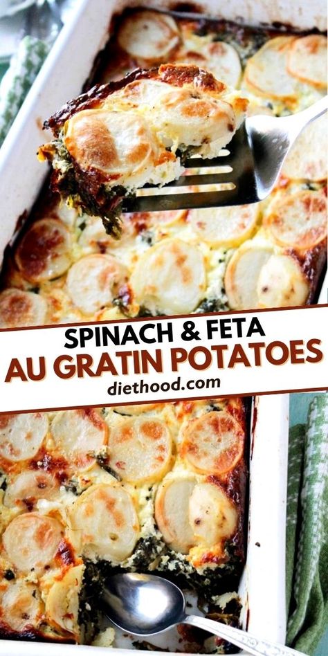 Tender potatoes, spinach, and feta cheese are layered and baked in a rich and delicious and creamy cheese sauce. Potato And Spinach Casserole, Vegan Gratin Potatoes, Potato Vegetable Gratin, Potatoes With Feta Cheese, Potato Gratin Healthy, Potatoes Au Gratin Recipe, Potato Au Gratin, Au Gratin Potatoes, Au Gratin Potato Recipes