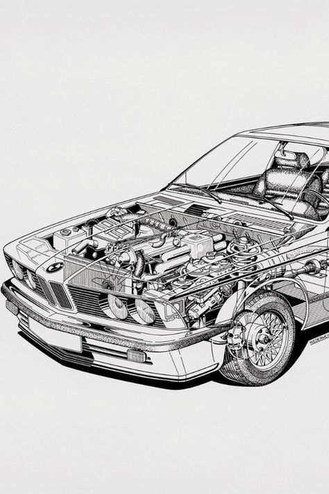 Car Engine Drawing, E28 Bmw, Bmw 635, Bmw E24, Carros Bmw, Bmw Art, Automotive Illustration, Bmw Engines, Bmw Wallpapers