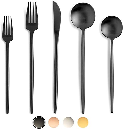 Amazon.com | BirdyFly Black Silverware Set, 20 Piece Stainless Steel Flatware Set Service for 4, Matte Black Cutlery Set, Include Knives/Forks/Spoons, Dishwasher Safe: Flatware Sets Rustic Flatware, Black Silverware, First Apartment Essentials, Black Cutlery, Gold Silverware, Gold Cutlery Set, Modern Flatware, First Apartment Checklist, Gold Cutlery