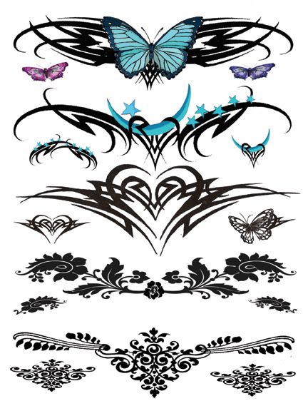 Tribal Lower Back Temporary Tattoo Sheet Poker Tattoos, Stammestattoo Designs, Back Tattoos Spine, Lower Back Tattoo Designs, Girl Back Tattoos, Shape Tattoo, Design Moodboard, Blue Butterflies, Blue Hearts