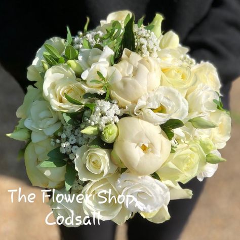 Flowers including peony, Rose's, gypsophilia, lizzianthus, freesia, myrtle. Peony Rose, Bridal Flowers, Peonies, Bouquets, Wedding Flowers, Floral Wreath, Flowers, White, Quick Saves