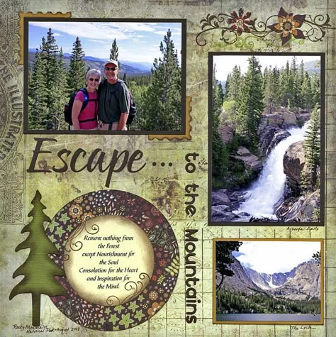 Layout: Escape to the Mountains Alaska Scrapbook, Camping Scrapbook, Scrapbooking Layouts Travel, Travel Scrapbook Pages, Vacation Scrapbook, Have Inspiration, Photo Layouts, Scrapbook Sketches, Creative Memories