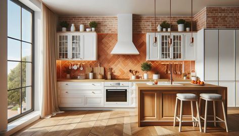 white and terracotta kitchen Terracotta Floor Kitchen, Terracotta Backsplash Kitchen, Terracotta Kitchen Walls, Terracotta Backsplash, Terracotta Kitchen, Kitchen Butcher Block, Interior Colors, Kitchen Paint Colors, Roof Colors