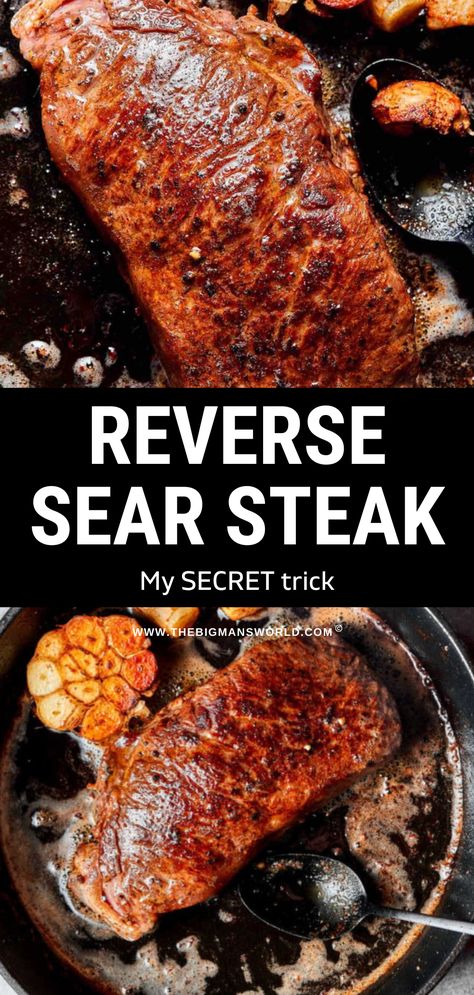 This reverse sear steak is the foolproof way of cooking thick steaks and yields the most gorgeous crust. Minimal prep is needed and perfectly cooked meat every single time. Reverse Sear Ribeye, Sear Steak, Reverse Sear Steak, Ways To Cook Steak, Frozen Steak, Ribeye Steak Recipes, Leftover Steak, Frozen Meat, Seared Steak