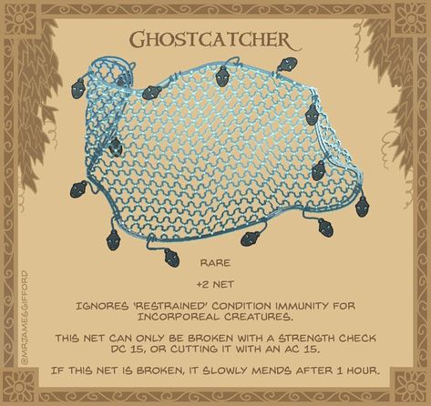 23. Ghostcatcher - This wire net is made from an enchanted metal. It is strangely cold to the touch. #net #dnd #dungeonsanddragons #ghosts #Halloween #magicitem #pathfinder #tabletopgames #rpg #fantasy #whoyougonnacall James Gifford, Guerriero Samurai, Dnd Stories, Dnd Items, Ghosts Halloween, Magical Items, Dungeon Master's Guide, D D Items, Dnd Dragons