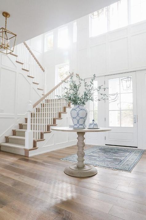 Foyer With Round Table, White Oak Engineered Hardwood Floors, Restoring Hardwood Floors, Foyer Floors, Hardwood Entryway, Decorators White, Engineered Floors, Oak Engineered Hardwood, Foyer Flooring