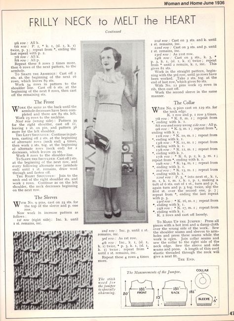 Crochet History, Yarn Tops, Historical Knitting, Antique Crafts, Thirties Fashion, 1930s Fashion Women, Knitted Stuff, Heart Image, Vintage Housewife