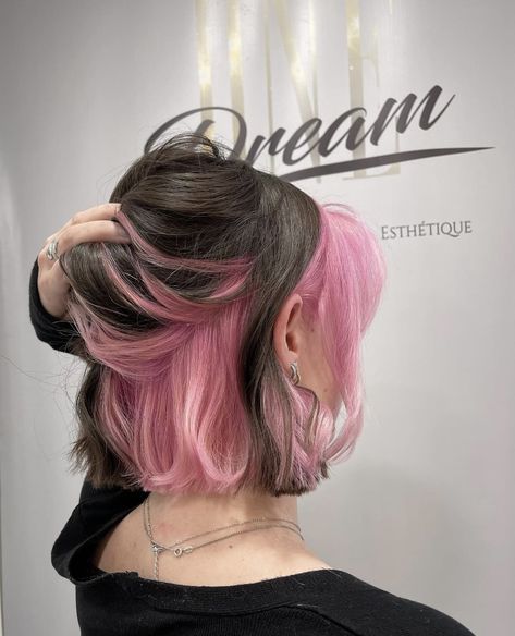 Pink Underneath Hair, Under Hair Dye, Brown And Pink Hair, Under Hair Color, Pink Hair Streaks, Pink Hair Highlights, Pink Short Hair, Underneath Hair Color, Underlights Hair