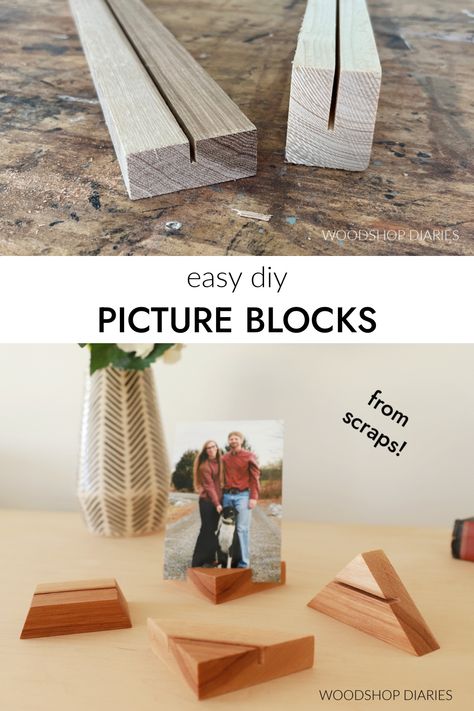 DIY Wood Block Photo Stand Wood Stand Diy, Wood Diy To Sell, 2 By 4 Crafts Diy Wood, Diy Wood Picture Holder, Diy Wooden Picture Holder, Diy Wood Gift Projects, Handmade Gifts Wood, Wood Work Christmas Gifts, Easy Homemade Wooden Gifts