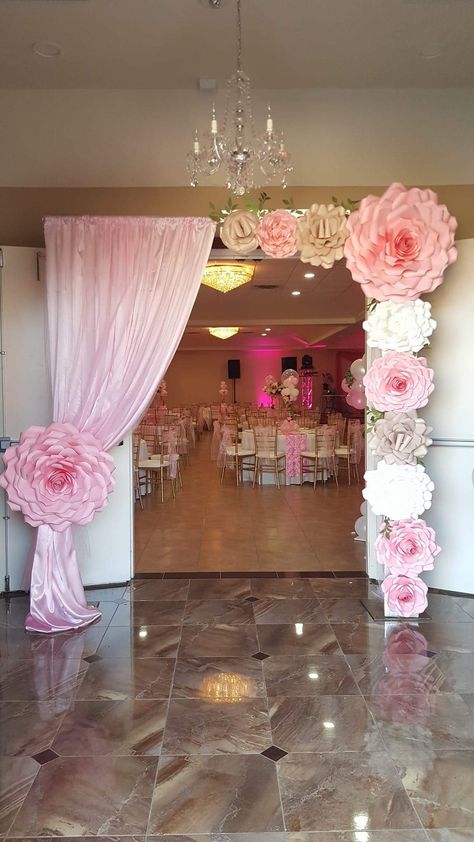 Gorgeous && effortless backdrop/entryway Backdrop Curtains, The Curtains, Paper Flower Backdrop, Giant Paper Flowers, Sweet 16 Birthday, Indian Wedding Decorations, Backdrop Decorations, Flower Backdrop