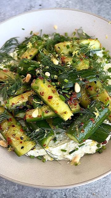 Caitlin Latessa-Greene on Instagram: "CRUNCHY SPICED CUCUMBER SALAD WITH CREAMY HERBED WHIPPED RICOTTA & FETA! You guys love whipped ricotta as much as me, and this was another one of your faves in 2022! Crunchy, tangy, salty, fresh and DAMN delicious. I must admit the first time I made this I ate most of the bowl! It’s that good and that EASY! Save this and follow @starinfinitefood for more easy healthy dishes. • • 1️⃣ Add the cucumbers and the salt to a bowl and allow to sit for 15 minutes, Whipped Feta Cucumber, Crunchy Spiced Cucumber Salad With Whipped Ricotta, Crunchy Spiced Cucumber Salad, Spiced Cucumber Salad, Ricotta Salad, Salad Feta, Sunday Food, Whipped Ricotta, Mini Cucumbers