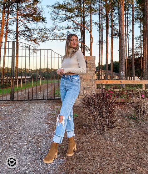 Casual winter outfit, Abercrombie jeans, straight leg jeans, 90s jeans, dolce vita caster boots, heeled boots, neutral outfit, turtleneck, casual chic style Top: zoeyandopal.com Follow my shop @kristinendalton on the @shop.LTK app to shop this post and get my exclusive app-only content! #liketkit #LTKsalealert #LTKSeasonal #LTKshoecrush @shop.ltk https://liketk.it/3v11j Winter Outfit With Ankle Boots, Winter Outfits With Heel Boots, Shoes To Wear With 90s Straight Leg Jeans, How To Style Jeans And Boots, Straight Leg Winter Outfit, Cropped Jeans Boots Outfit, Straight Leg Jean With Ankle Boots, Jeans With Boots Outfit Winter, Dolce Vita Shoes Outfit