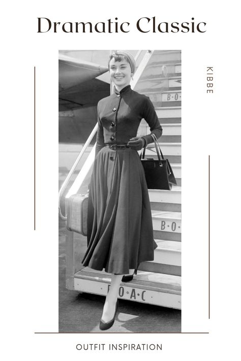 Audrey Hepburn outfit Plus Size Dramatic Classic, Dramatic Classic Summer Outfit, Dramatic Classic Summer, Kibbe Dramatic Classic Outfits, Classic Body Type Outfits, Dramatic Classic Outfits, Dramatic Classic Celebrities, Dramatic Classic Casual Outfits, Dramatic Classic Kibbe Style