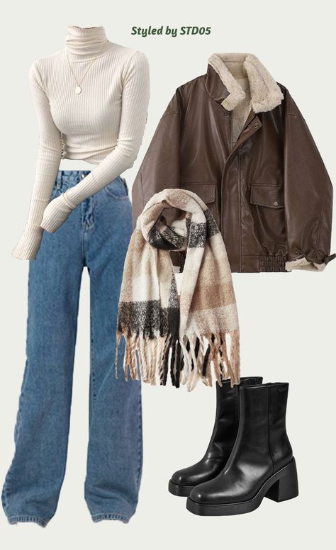 Cold Weather Outfits Flare Jeans, Dark Green Sweater Outfit Winter, Turtle Neck Jeans Outfit, Practical Winter Outfits, Turtle Neck Aesthetic Outfit, Cosy Outfits Winter, Cute Outfits Winter Aesthetic, Nice Christmas Outfits, Retro Outfits Winter