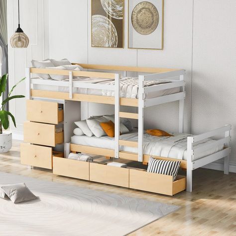 Harriet Bee Fredonia Twin over Twin 6 Drawer Standard Bunk Bed by Harriet Bee | Wayfair Pole Room, Loft Bunk Bed, Bunk Bed With Drawers, Loft Bunk, Bunk Bed With Storage, Trundle Bed With Storage, Solid Wood Bunk Beds, Low Bunk Beds, Twin Over Twin Bunk Bed