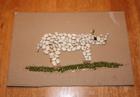 Art projects with beans Bean Mosaic Art, Rhino Craft, Animal Art Projects For Kids, Art Projects For Kids Preschool, Endangered Animals Activities, Bean Mosaic, Zoo Animals Preschool, Rhino Art, Childrens Art Projects