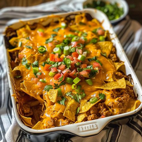 Walking Taco Casserole Taco Bake Casserole, Burritos Recipes, Walking Tacos Recipe, Walking Taco Casserole, Chicken Board, Walking Taco, Mexican Casserole Recipe, Pork Chops And Potatoes, Taco Pie