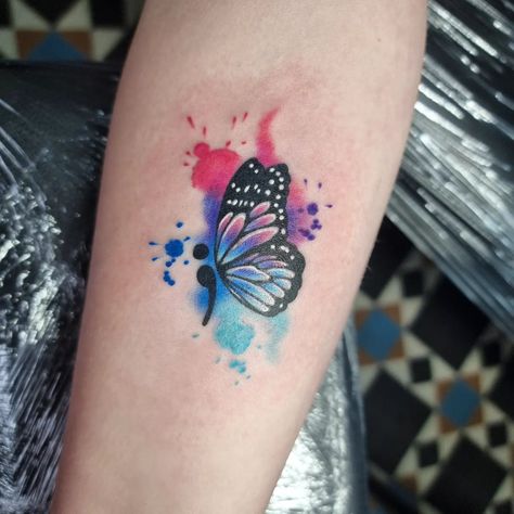 Meaningful Watercolor Tattoos, Watercolor Semicolon Tattoo, Butterfly Semi Colon Tattoos For Women, Watercolor Tattoo For Women Unique, Semi Colon Tattoos For Women, Unique Semi-colon Tattoo Ideas, Semi-colon Butterfly Tattoo, Butterfly Semicolon Tattoo, Semicolon Tattoos