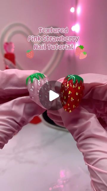 Nail Strawberry, Cute Strawberry Acrylic Nails, Nail Art Designs 3d, Fun Gel Nails Ideas, New Trending Nails 2024, Diy Press On Nails, 3d Strawberry Nails, Strawberry Nail, Pink Strawberry Nails