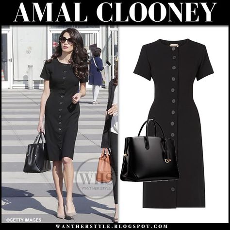 Amal Clooney in black button front dress and suede pumps Amal Clooney Work, Amal Clooney Style Work, Classy Brunette, Burgundy Leather Jacket, Stella Mccartney Dresses, Black And White Pants, Amal Clooney, Dress Design Patterns, Professional Wear