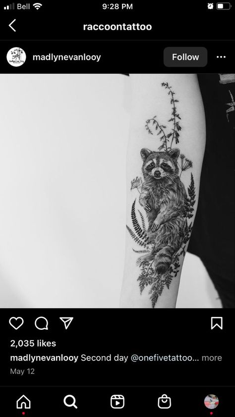 Raccoon And Flowers Tattoo, Raccoon Flower Tattoo, Forearm Animal Tattoo, Forest Animals Tattoo, Wild Life Tattoos, Wildlife Tattoo Sleeve, Wildlife Tattoo Women, Fox And Flowers Tattoo, Cute Raccoon Tattoo