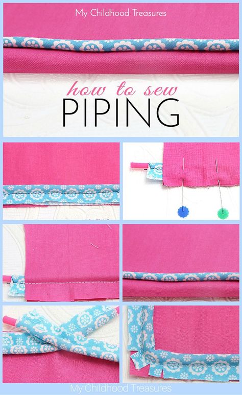 Piping can add a professional touch to the edges of cushions, bags and purses, quilts and even clothing. Learn how to sew piping step by step. How To Sew Piping Tutorials, Pillow Piping, Sew Piping, Sew Tips, Piping Tutorial, Sewing Piping, Sewing Details, Piped Cushion, Sewing School