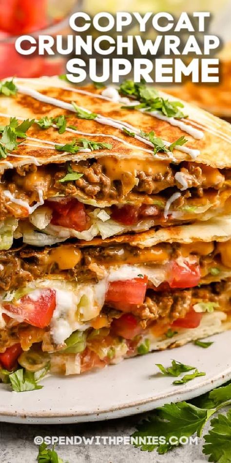 Learn how to make Copycat Crunchwrap Supreme at home with these easy to follow instructions! These wraps are the best—cheesy and spicy with just the right amount of crunch! #spendwithpennies #crunchwrapsupreme #recipe #lunch #copycattacobell #homemade #best #spicy #diy #easy Crunch Wrap Supreme Recipe, Taco Bell Crunchwrap Supreme, Taco Bell Crunchwrap, Mexican Ideas, Crunchwrap Recipe, Homemade Crunchwrap, Copycat Taco Bell, Tasty Appetizers, Crunchwrap Supreme