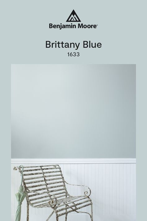 Brittany Blue 1633, a gentle sky blue with a light gray undertone that is soft, airy and calming. Brittany Blue Benjamin Moore, Benjamin Moore Brittany Blue, Benjamin Moore Providence Blue, Benjamin Moore Paint Colors Gray, Light Blue Grey Paint, Blue Interior Paint, Blue Benjamin Moore, Interior Paint Color, Bathroom Vibes