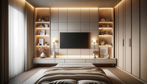 Bedroom built-ins, courtesy of #AI 🤖 #aiinteriordesign #builtins #wallunits #tvbuiltin #dalle3 Closet Tv Wall, Bedroom Tv Built In, Bedroom Built Ins For Tv, Built In Dresser In Bedroom, High Ceiling Bedroom, Bedroom Built Ins, Bedroom Tv Wall, Tv Built In, Built In Dresser